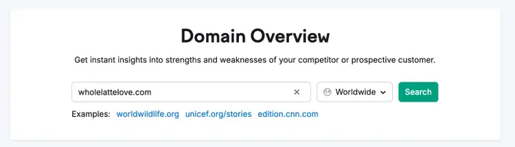 Domain Overview search dialog for wholettelove.com with Worldwide and Search options