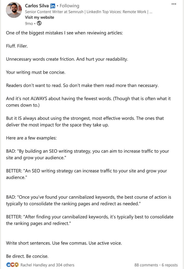 LinkedIn post from Carlos Silva, senior content writer at Semrush, on one of the biggest mistakes when writing content
