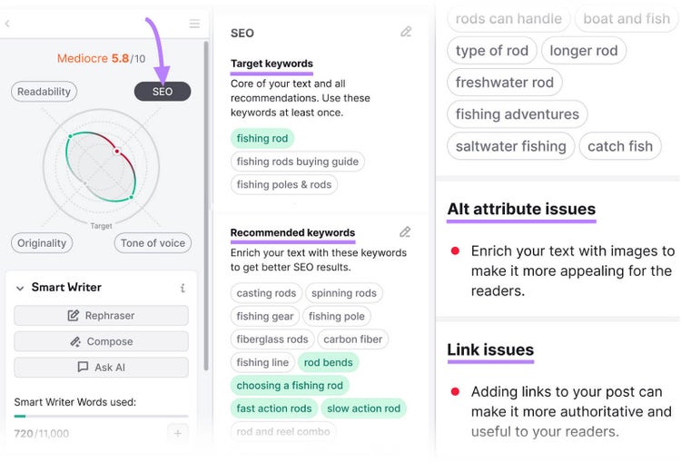 "SEO" recommendations shown in sidebar in SEO Writing Assistant tool