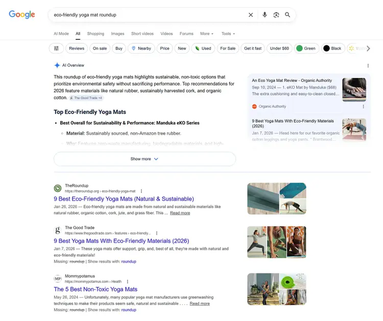 Google search results for eco-friendly yoga mats showing roundup articles and AI overview