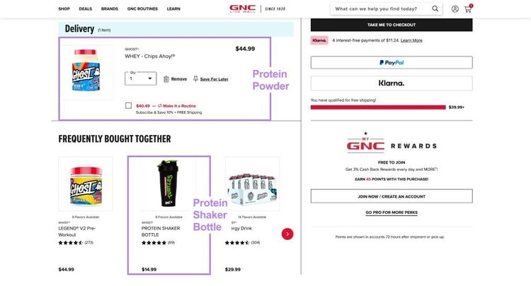 GNC website recommending a shaker to a user who purchases a protein powder
