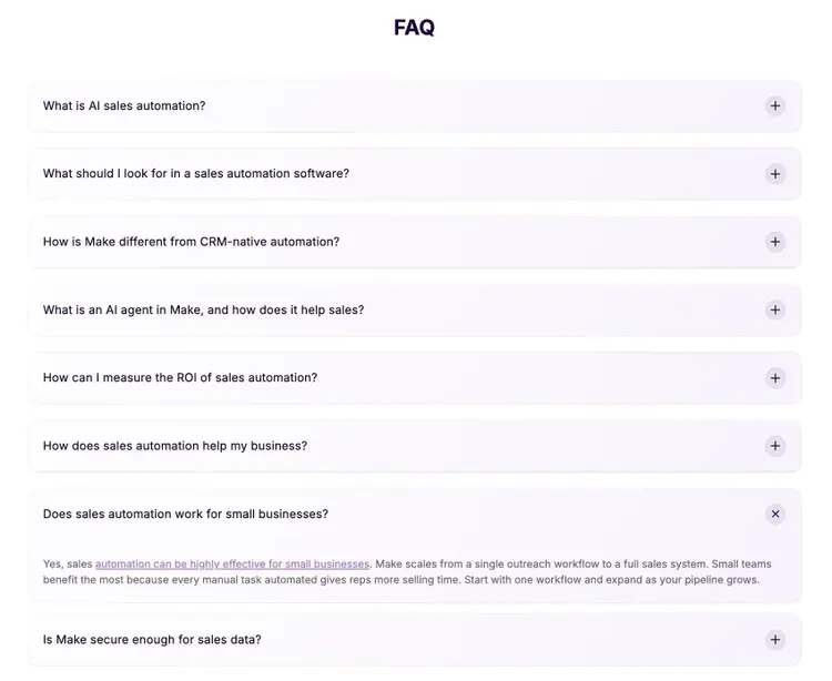 The FAQ section of an agent-friendly page addressing common user queries about sales automation.