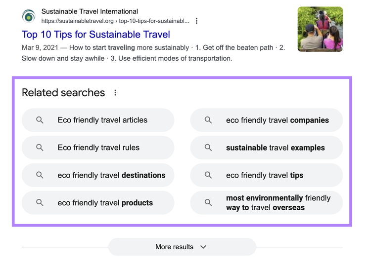 The bottom of a Google search results page showing related searches for "eco-friendly travel."