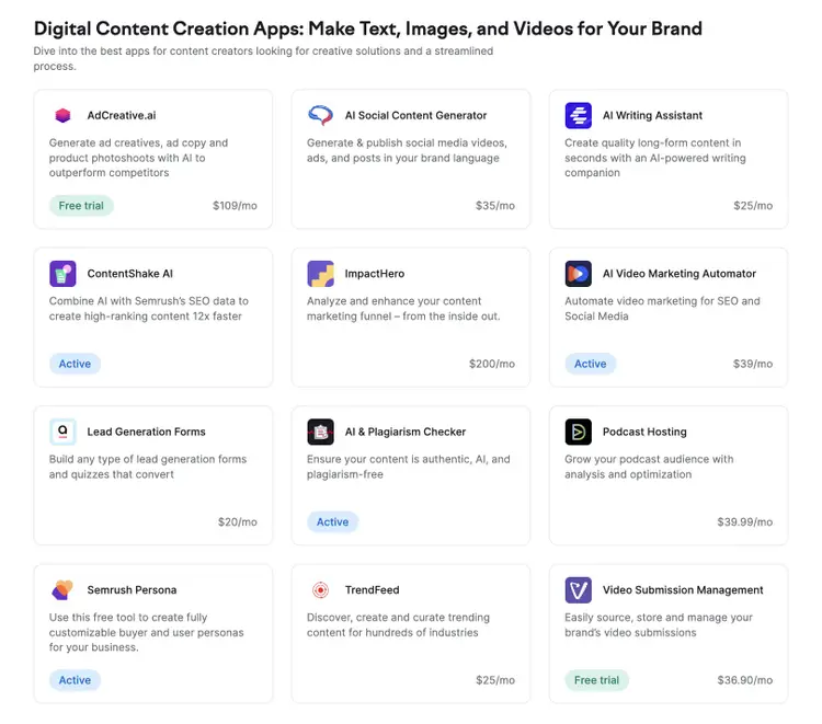 Content creation apps grid showing pricing and features for digital marketing