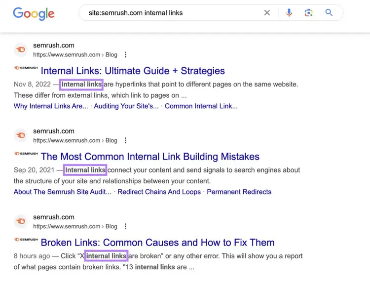 Google search results for “site:semrush.com internal links” query
