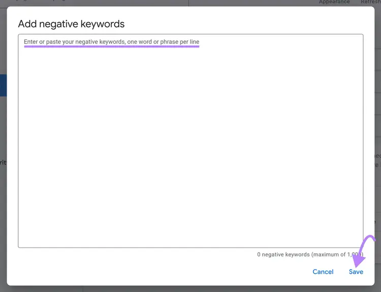 Google Ads account-level negative keywords popup with text box for adding excluded keywords and Save button
