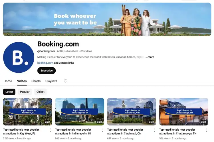 Youtube channel by Booking.com showing videos of the different travel experiences they offer.