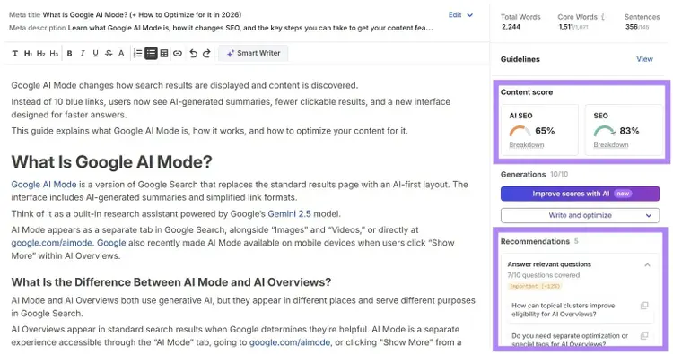 Content Optimization tool showing text inputted on the left and a content score & recommendations on the right.