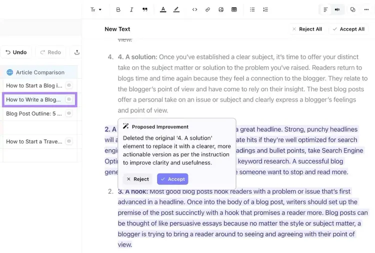 Article Comparison on AirOps showing changes made to the original content along with a brief reason for each change.