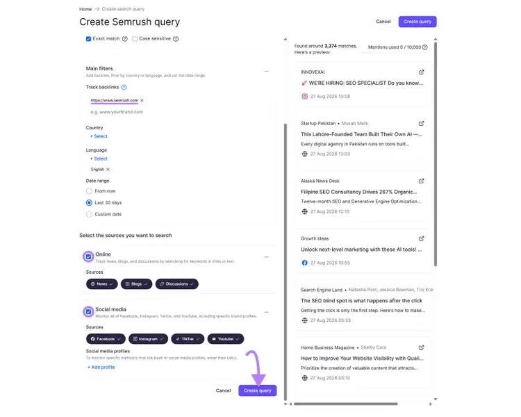 Semrush Brand Monitoring query setup for tracking backlinks and mentions across online and social sources