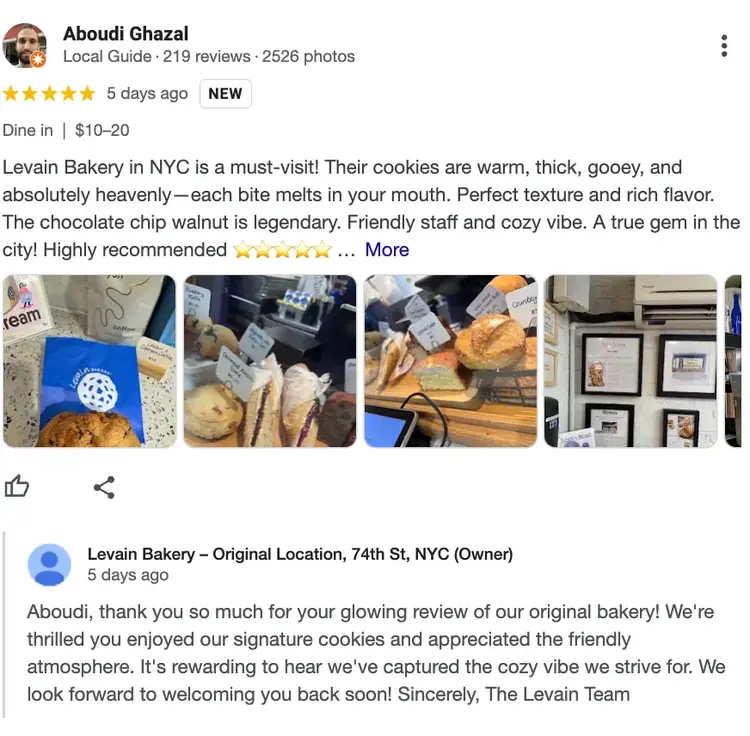 Levain Bakery's thoughtful reply to customer's positive feedback.