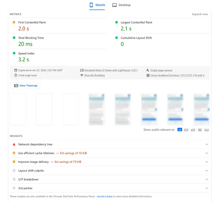 PageSpeed Insights report for mobile showing performance metrics like LCP, FCP, CLS, and optimization suggestions.