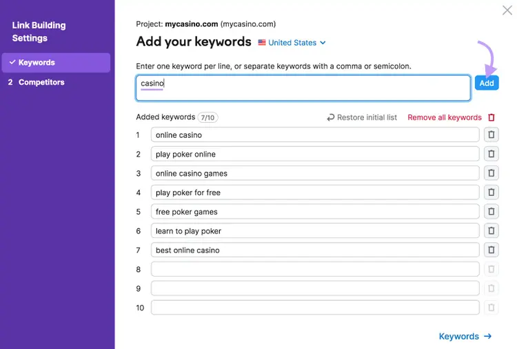 "Add your keywords" window in Link Building Settings