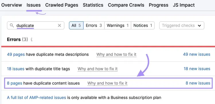 "8 pages have duplicate content issues" result highlighted under "Issues" tab in Site Audit