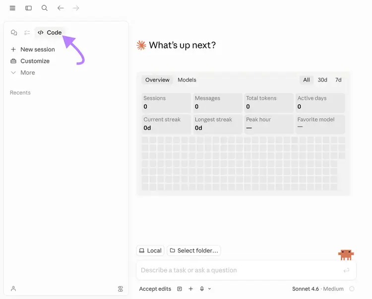 Claude sidebar menu with Code option highlighted to start a new coding session for SEO automation tasks