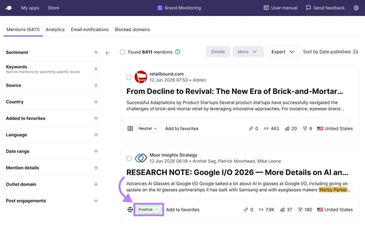 Semrush Brand Monitoring report showing mentions and positive sentiment for a brand