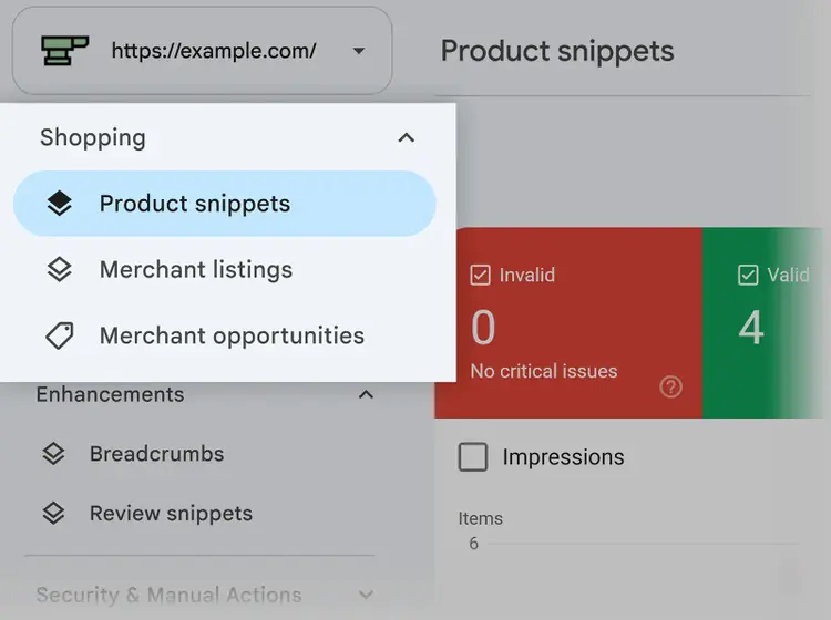 Google Search Console Shopping menu showing Product snippets, Merchant listings, and Merchant opportunities reports