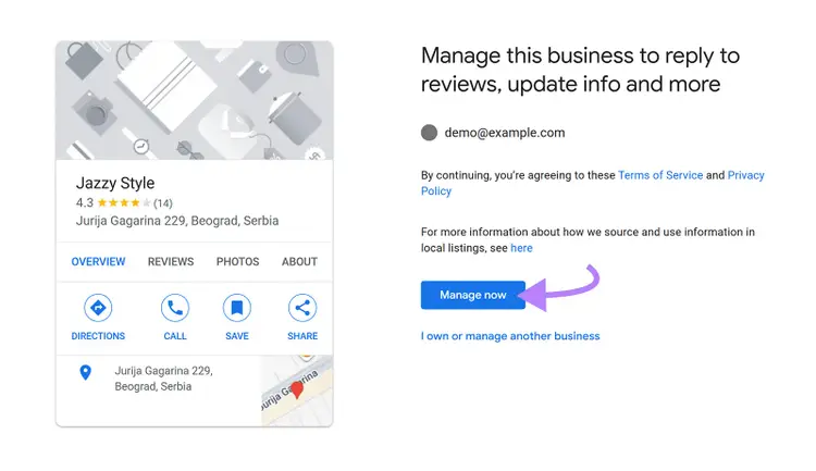 Business profile with arrow pointing to the “Manage now” button.