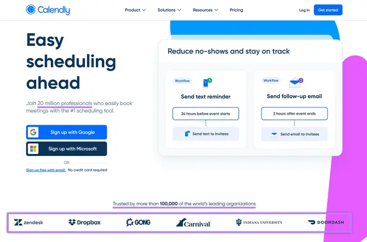 Calendly landing page showing signup options and workflow boxes for text reminders and follow-up emails