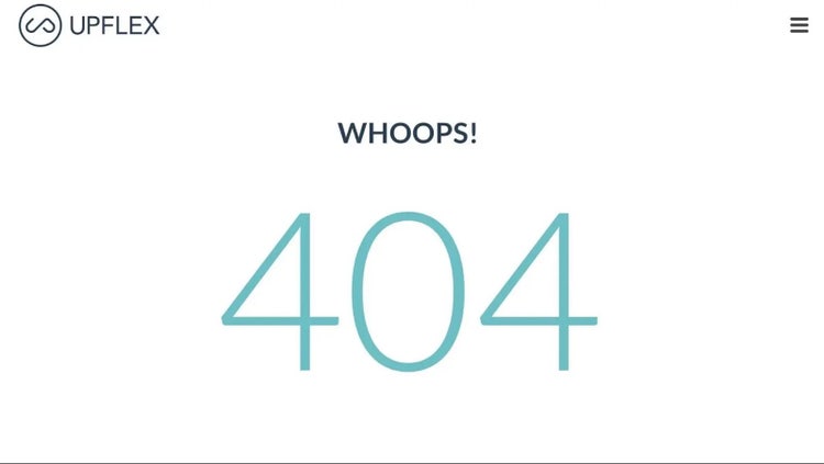 Screenshot: 404 error page from Uplex website showing large '404' text with error message display