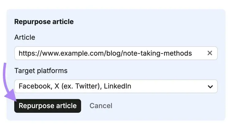 Repurpose article on Content toolkit with an article URL entered, target platforms selected, and "Repurpose article" clicked.