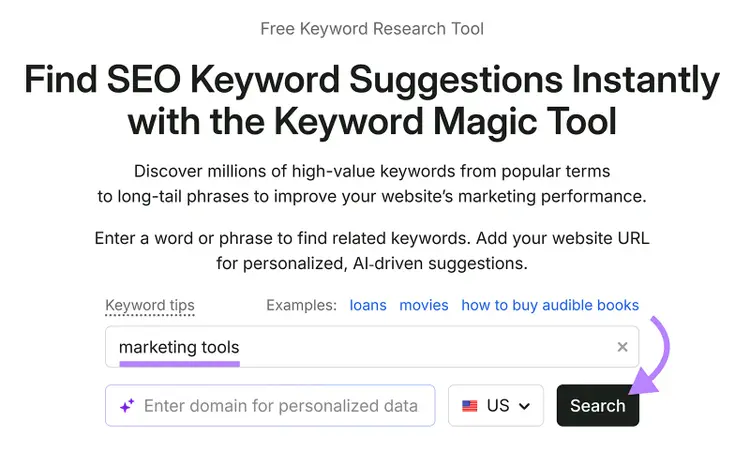 Semrush Keyword Magic Tool search form with “marketing tools” entered and the Search button highlighted