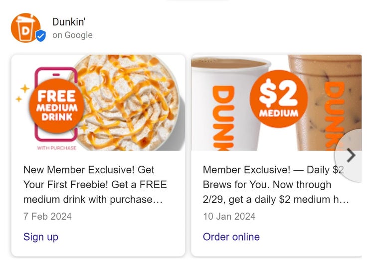 Posts on Google by Dunkin' to highlight deals for customers.