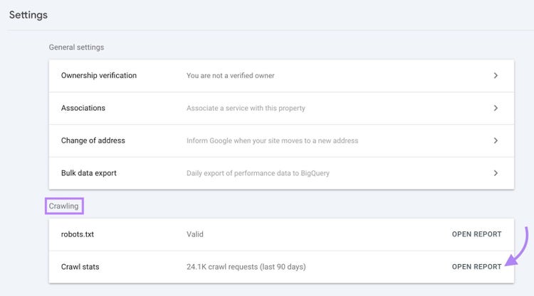 Settings on Google Search Console with the "Crawling" section highlighted and "Open Report" clicked.