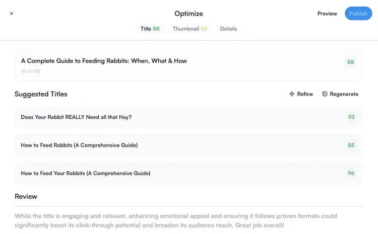 The "Optimize" tab on VidIQ giving a review of a video published on a connected channel along with alternative title options.