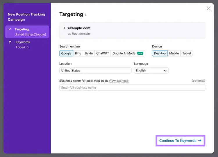 Position Tracking setup screen with Continue button highlighted