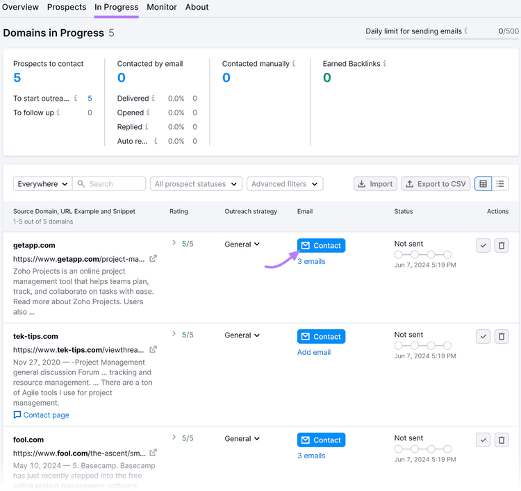 Link Building Tool "In Progress" dashboard showing domains in progress with statuses, contact options, and outreach details.