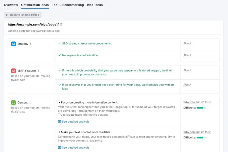 On Page SEO Checker with specific optimization ideas for a page.