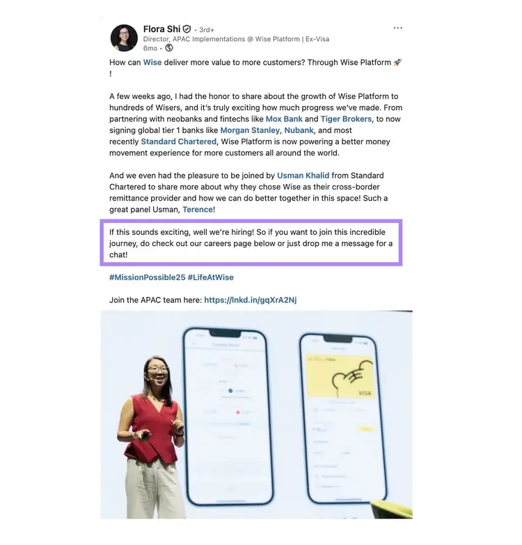 A LinkedIn post by a Wise employee sharing recent company updates and inviting her followers to consider a career at the company.