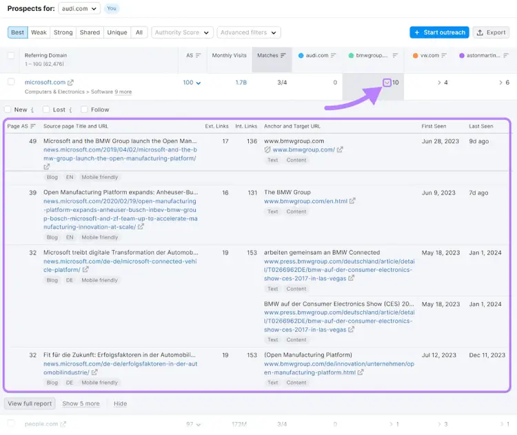 More details tab opened for a referring domain.