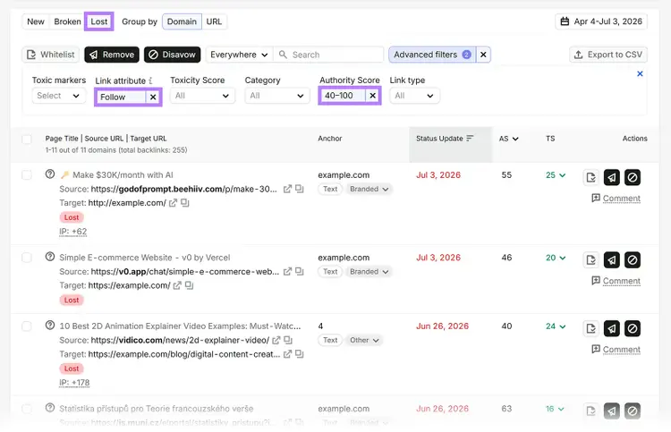 Backlink Audit report filtered to show lost follow backlinks from domains with Authority Scores between 40 and 100