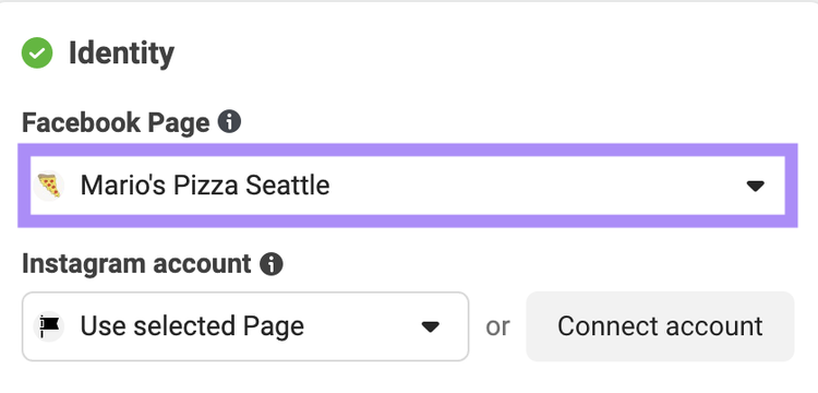 "Mario's Pizza Seattle" added under "Facebook Page" field