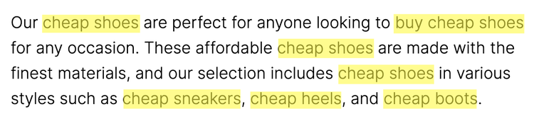 paragraph with keyword "cheap shoes" and close variations appearing seven time in two sentences