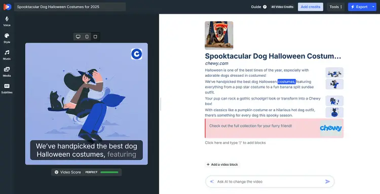 AI video editor showing a Halloween-themed video draft with text about best dog costumes and preview on the left.