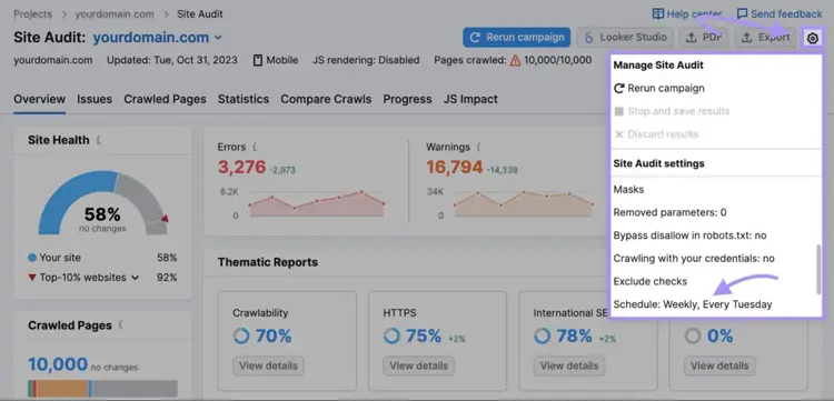 Schedule regular crawls under Site Audit settings