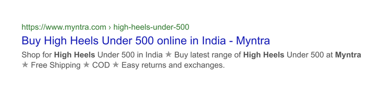 Google search result from Myntra for high heels under 500 rupees with shipping information