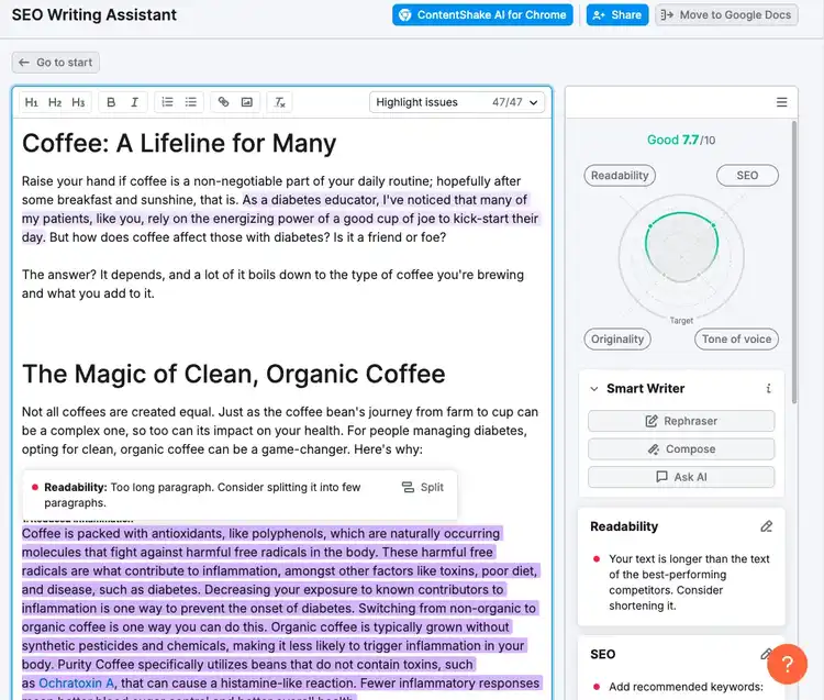SEO Writing Assistant showing content on coffee with readability score 77/100 and improvement suggestions