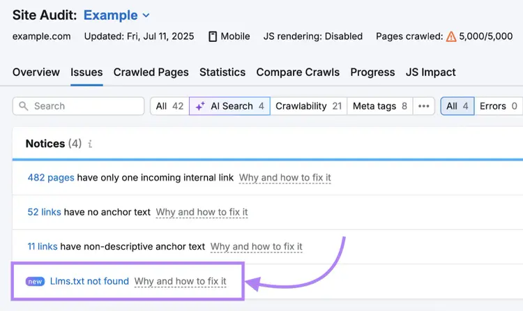 The Issues tab, AI Search filter shows the llms.txt file is not found for a website.