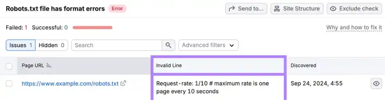 The invalid line in this example shows a request rate is at odds with maximum rate of one page every 10 seconds.