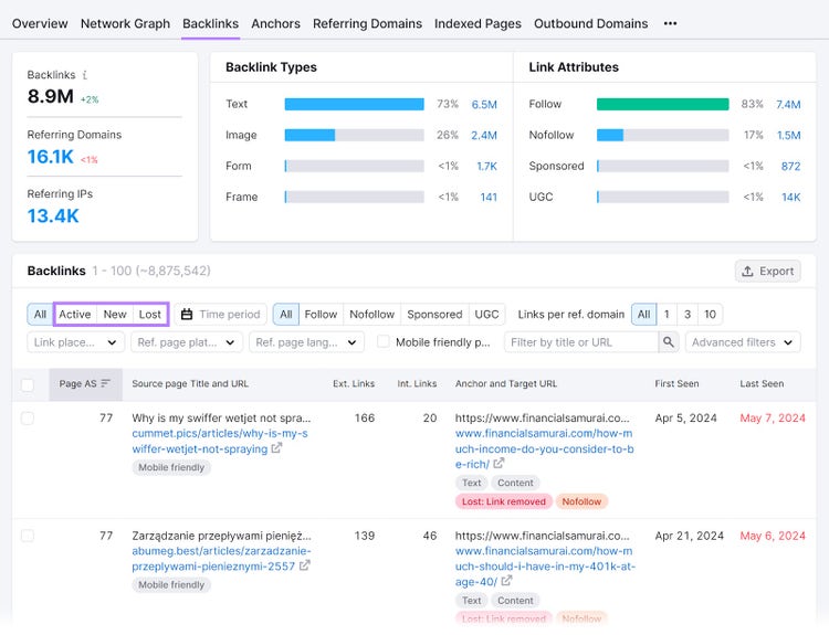 "Backlinks" tab of the Backlinks tool with the "Active", "New" and "Lost" filters highlighted