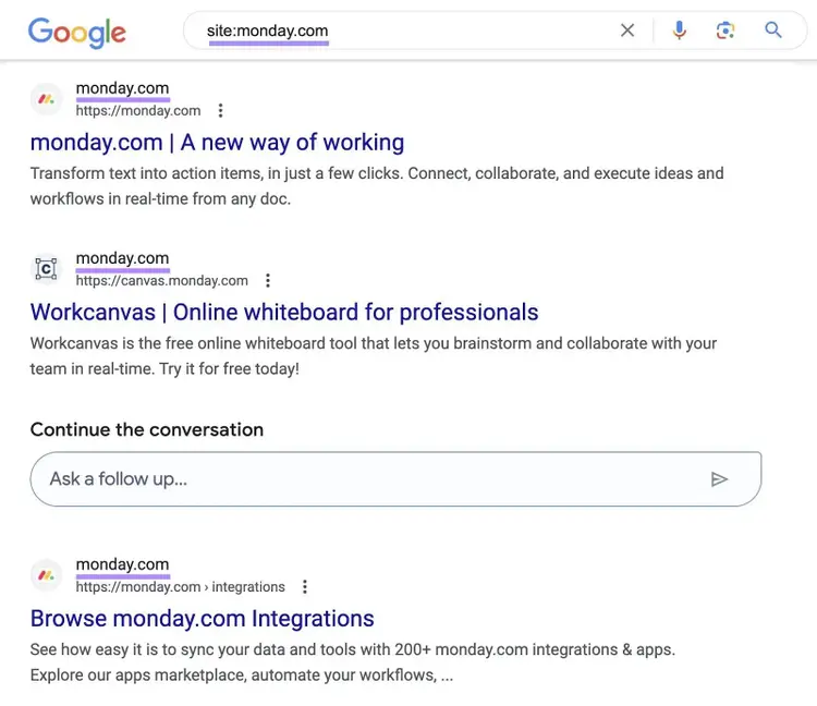 Google's SERP for "site:monday.com" site search