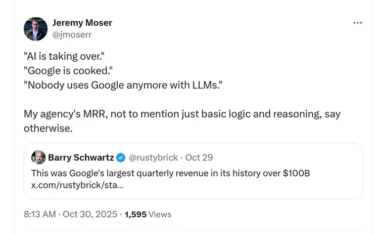 A post on X by Jeremy Moser that discusses how SEO is still relevant.