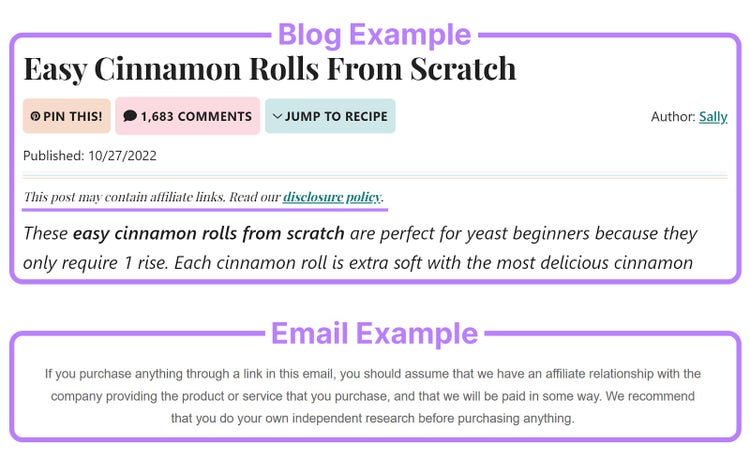 Affiliate disclosure example in blog and email