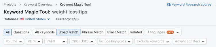 "Broad Match" filter highlighted in Keyword Magic Tool's upper menu