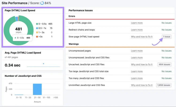 "Site Performance" dashboard in Site Audit