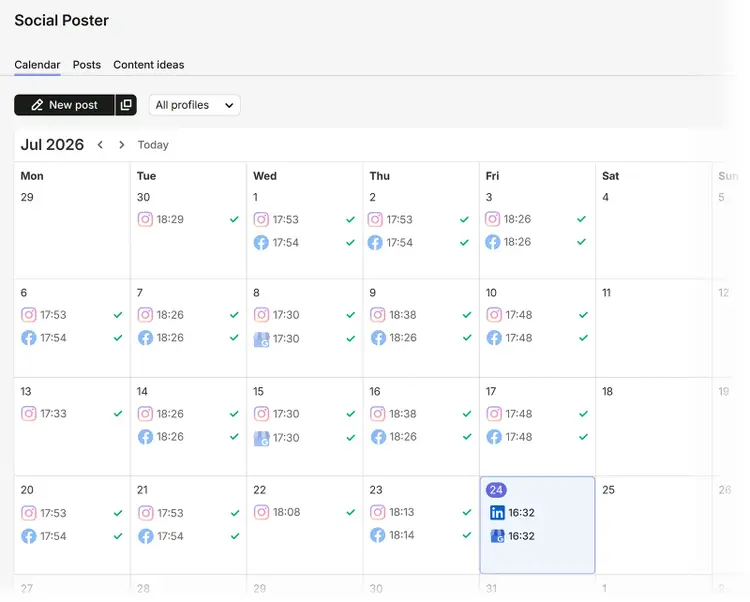 Semrush Social Poster calendar showing published and scheduled Instagram, Facebook, LinkedIn, and Google Business Profile posts